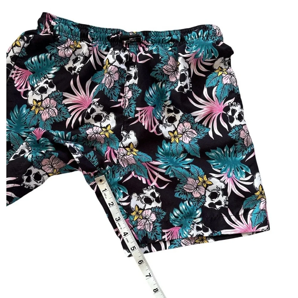 WXYZ Black Tropical Skull Swim Shorts‎ Unlined Pink & Teal Floral M(10)